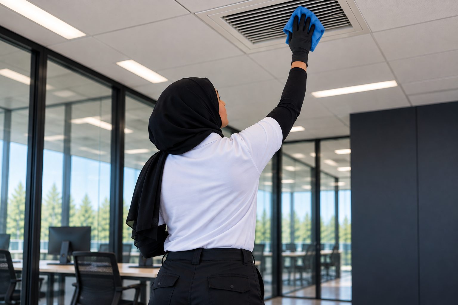 Medewerker van Smart-Schoonmaak voert een grondige dieptereiniging uit in een kantoor